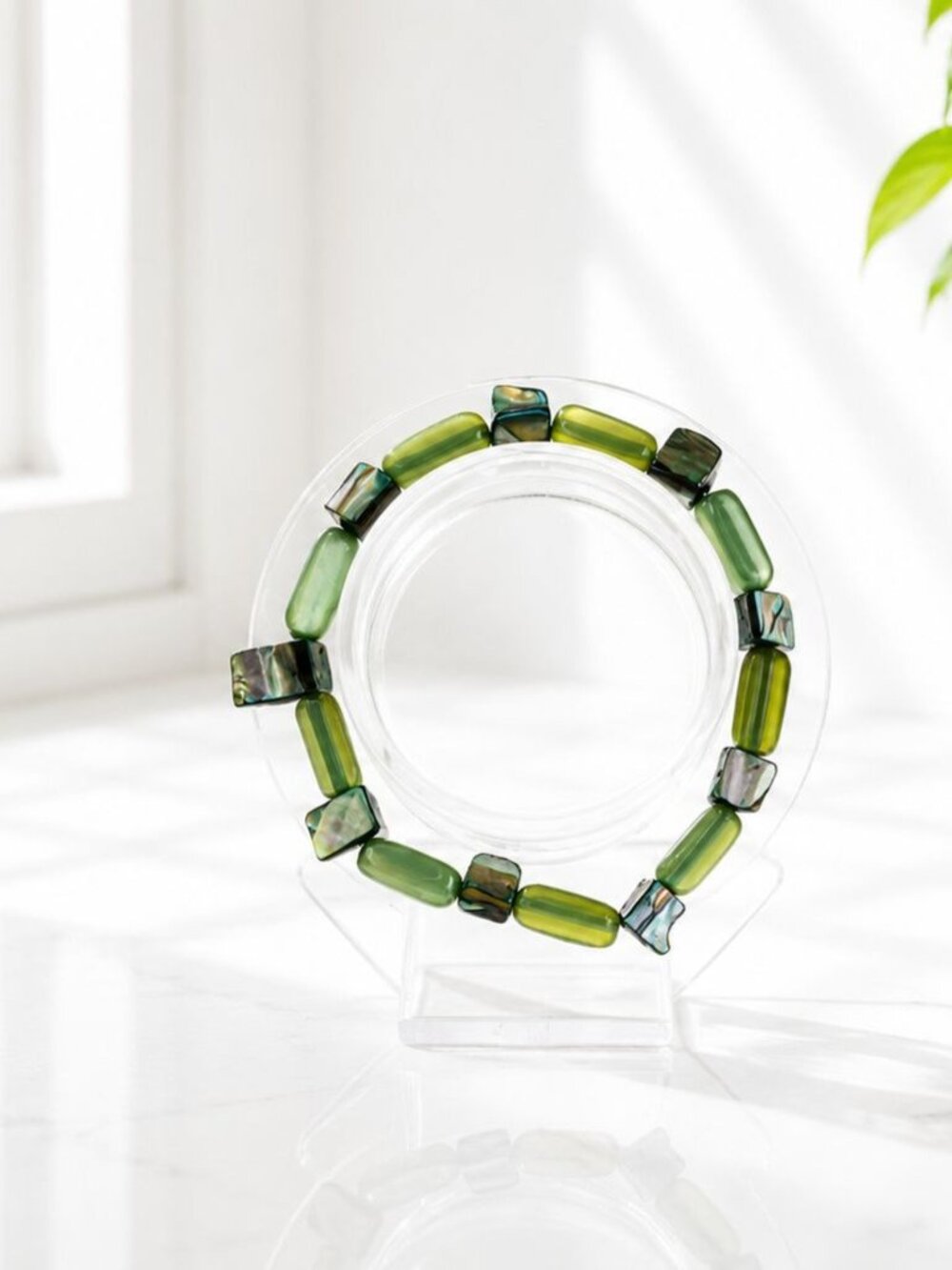 Green Abalone Shell & Glass Beaded Stretch Bracelet - Handmade Boho Jewelry